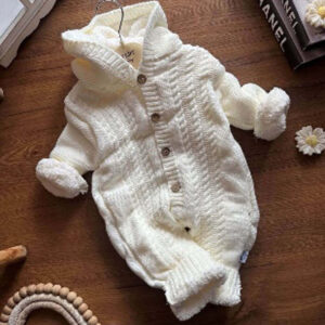 Combinaison Bébé en Maille Torsadée - Blanc Crème avec Capuche