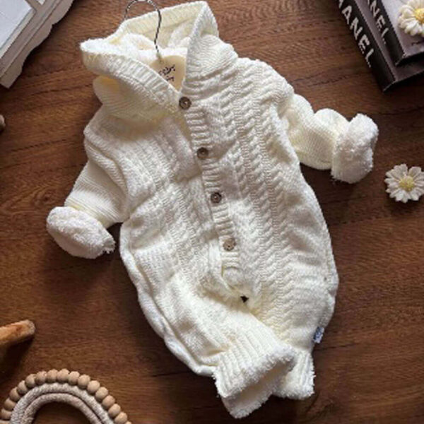 Combinaison Bébé en Maille Torsadée - Blanc Crème avec Capuche