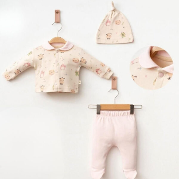 Kit Naissance 3 Pièces - Pyjama Imprimé Animaux & Bonnet Rose