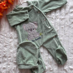 Pyjama Bébé en Velours Vert Sauge - Broderie Koala avec Bonnet