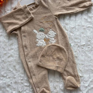 Pyjama Bébé Velours Couleur Sable - Motif Lapin et Ourson
