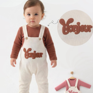 Salopette Fille 2 pièces avec motif  "Bonjour" brodé