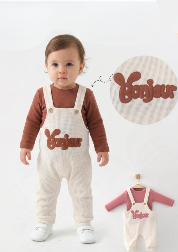 Salopette Fille 2 pièces avec motif  "Bonjour" brodé