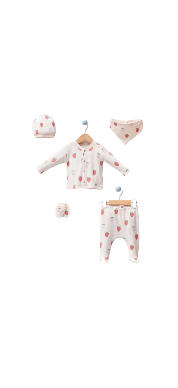 Pack Naissance BY BUBBLES motif fraise  5 pièces en coton bio