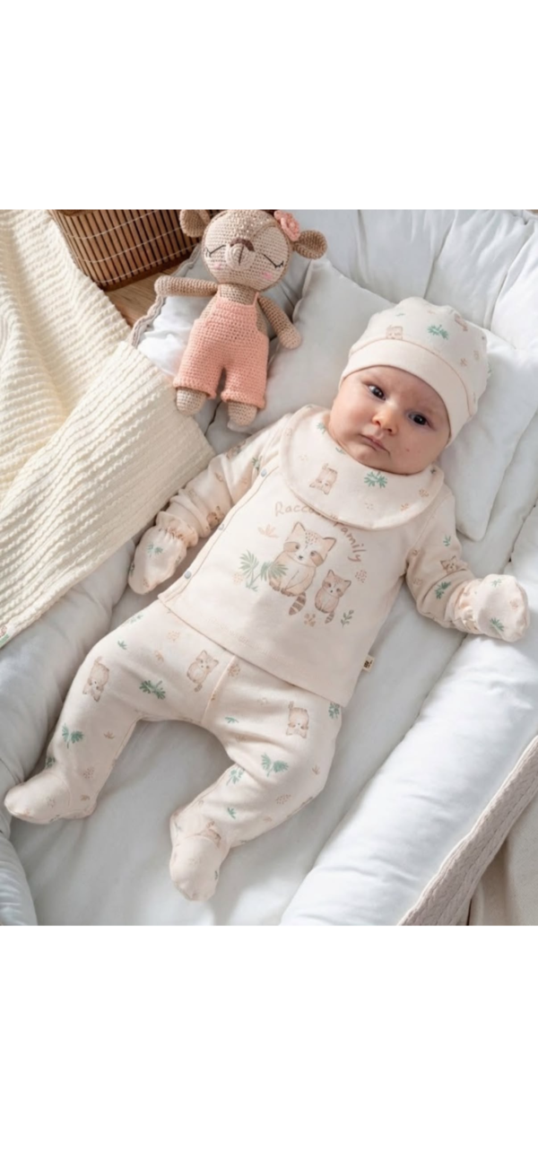 Pack Naissance BY BUBBLES motif chat 5 pièces en coton bio